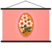 Posterhanger incl. Poster 60x40 cm - Schoolplaat - Illustratie - Bloemen - Rand - Roze - Textielposter - Zwarte latten