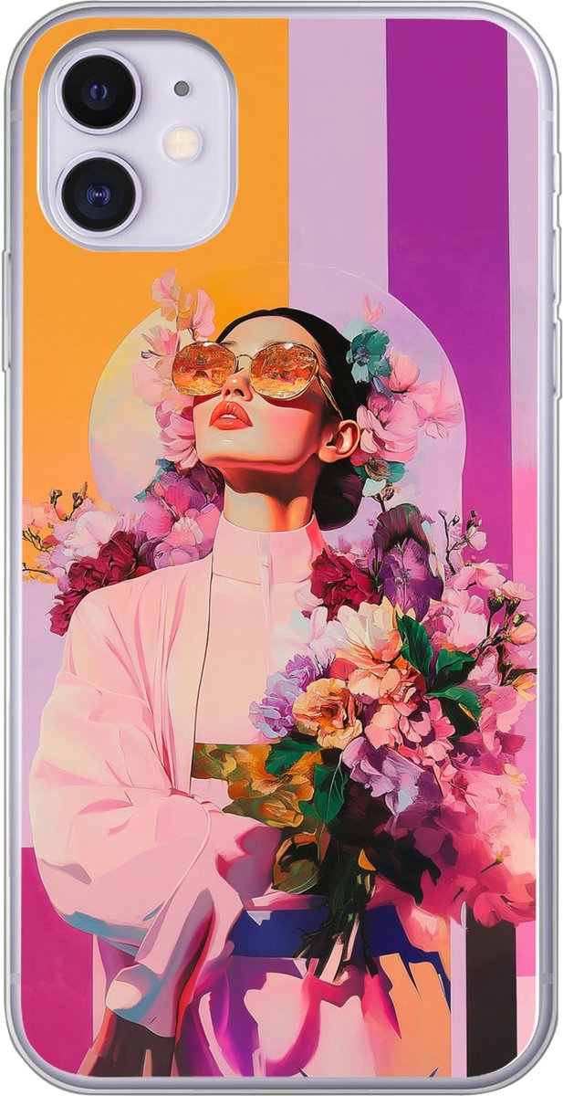 Telefoonhoesje Geschikt voor iPhone 11 hoesje - Portret - Vrouw - Abstract - Bloemen - Siliconen Telefoonhoesje Telefoonhoesje