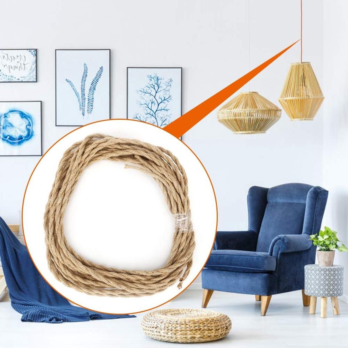 Allecto Plus - Elektrische Kabel Vintage Hennep Touw voor Woonkamers Studiekamers Gangen voor Hanglamp (5m/16.4ft)