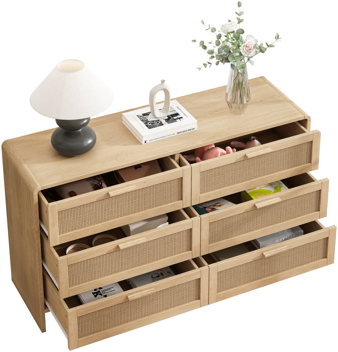 Merax Rattan Ladekast - 130 cm Lage Kast met 6 Lades en Afgeronde Hoeken - Naturel Hout Bruin
