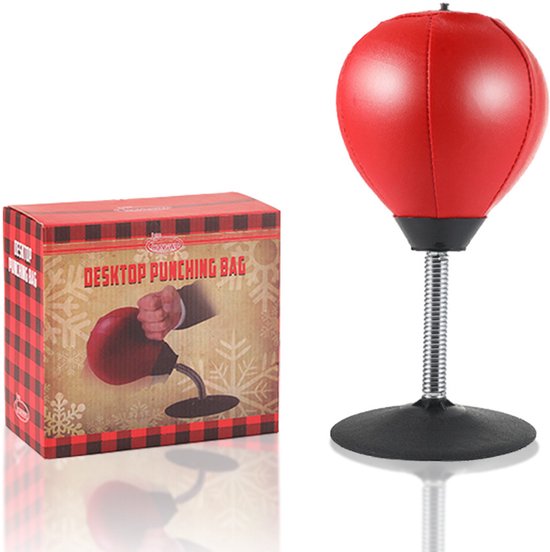 Rode mini bokszak naast de 'Desktop Punching Bag' doos met geblokt patroon.