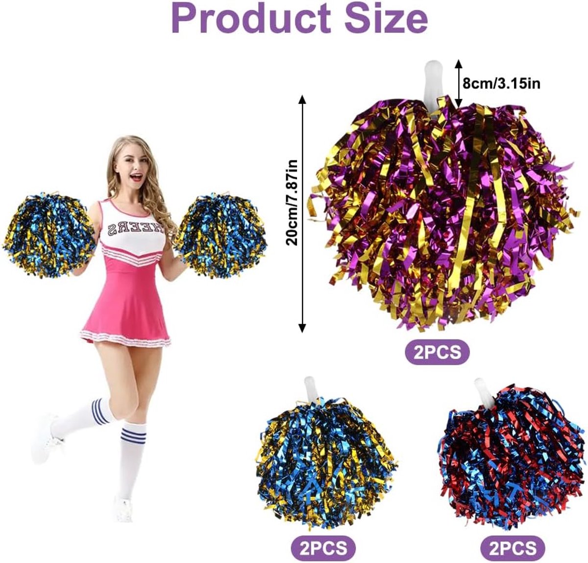 Lot De 6 Pompons De Pom-pom Girl - Avec Poignées - Bleu Métallique - Pour Encouragements, Danse, Événements Sportifs