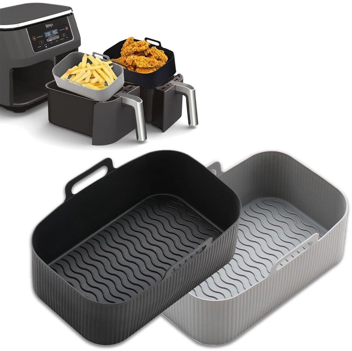 2x Geschikt voor Airfryer Duurzame Siliconen Mandvoering Rechthoekige Herbruikbare Bakplaat - 1 Zwart + 1 Grijs