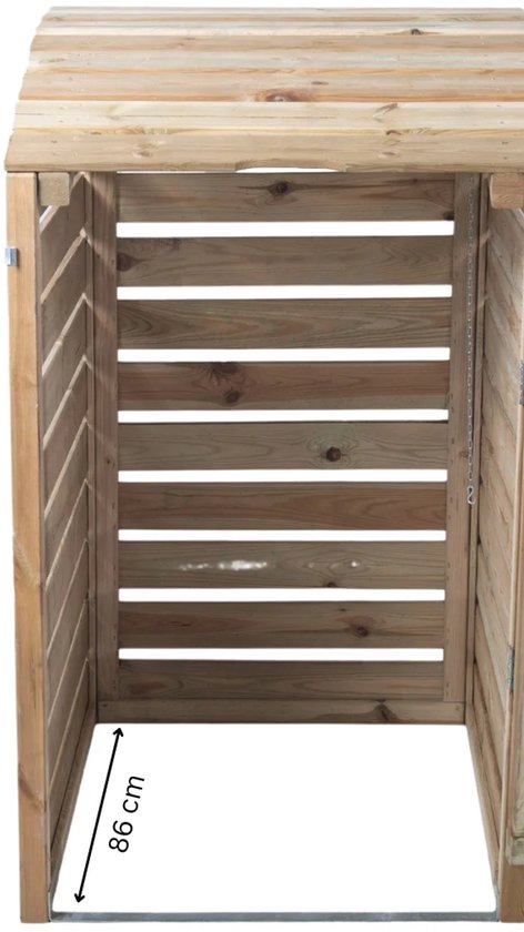 Open zijkant van een houten containerombouw, met diepteaanduiding van 86 cm.