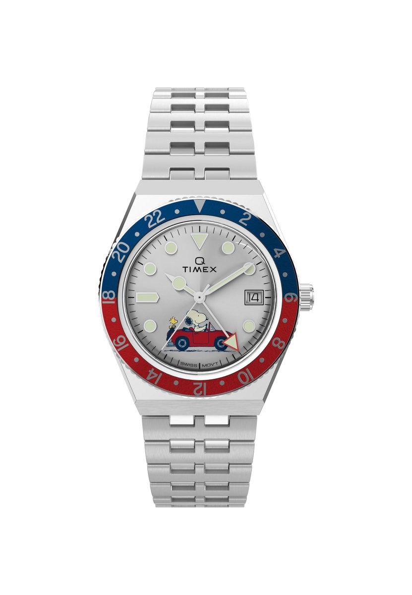 Timex Q Timex Gmt X Peanuts - Car Quartz Analoog Horloge Zilveren Toon Kast: 100% Roestvrij Staal | Armband: 100%Roestvrij Staal 38 TW2W83300AJ