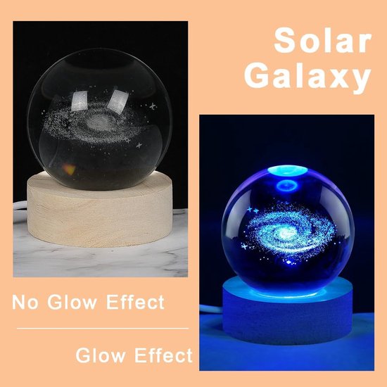 3D Crystal Ball Lamp - Night Light voor Kinderen - 6cm LED Galaxy Planeet Nachtlamp met Houten Basis - Kleurrijk voor Slaapkamer van Merkloos — afbeelding 4