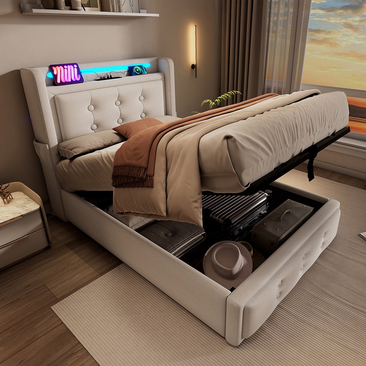 Pugsdrly Opmaker bed 90x200, eenpersoonsbed met led-hoofdeinde en USB C-oplaadfunctie, hydraulisch bed met lattenbodem van hout en metalen frame, draagvermogen 150 kg, beige, katoen (zonder matras)