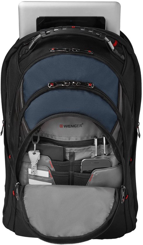 Zwarte rugzak met blauwe en grijze vlakken, geopend om een laptop en organiservak te tonen.
