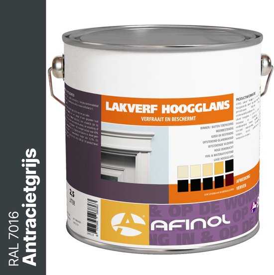Afinol Hoogglans Lakverf Antracietgrijs (RAL 7016). Blik van 2,5 liter.