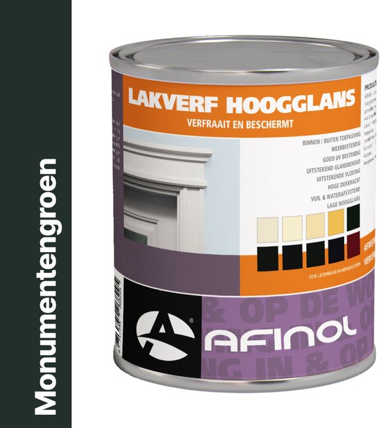 Blik Afinol Hoogglans Lakverf Monumentengroen met diverse kleurstalen.