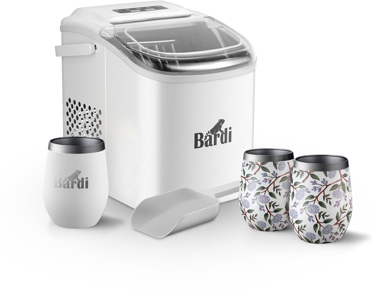 Bardi Deluxe IJsblokjesmachine Set 1,2 Liter Wit - 12KG IJsblokjes in 24 uur - met IJsschep - Inclusief 3 Luxe Thermosbekers en Ijsschep - White Flower