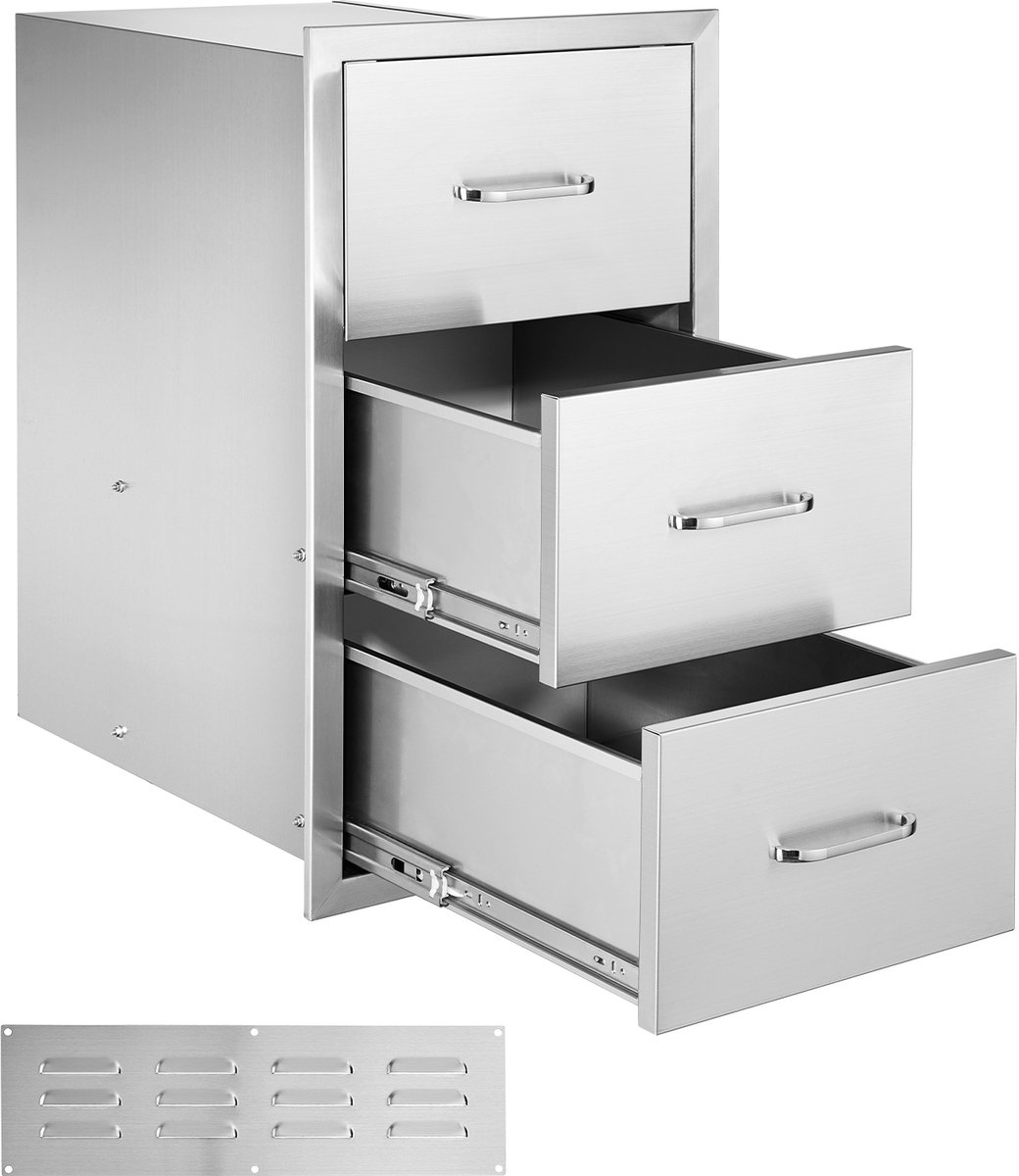 Keukenkasten Outdoor Ladekast (47 X 57 X 57 Cm) Van Roestvrij Staal met Drie Toegangen, Opbergladen voor Barbecue-Eiland met Handgreep, Ideaal voor Barbecuestations