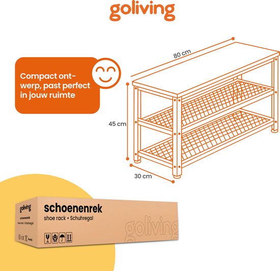 Schematische tekening van een zwart schoenenrek van 80x30x45 cm met twee niveaus.
