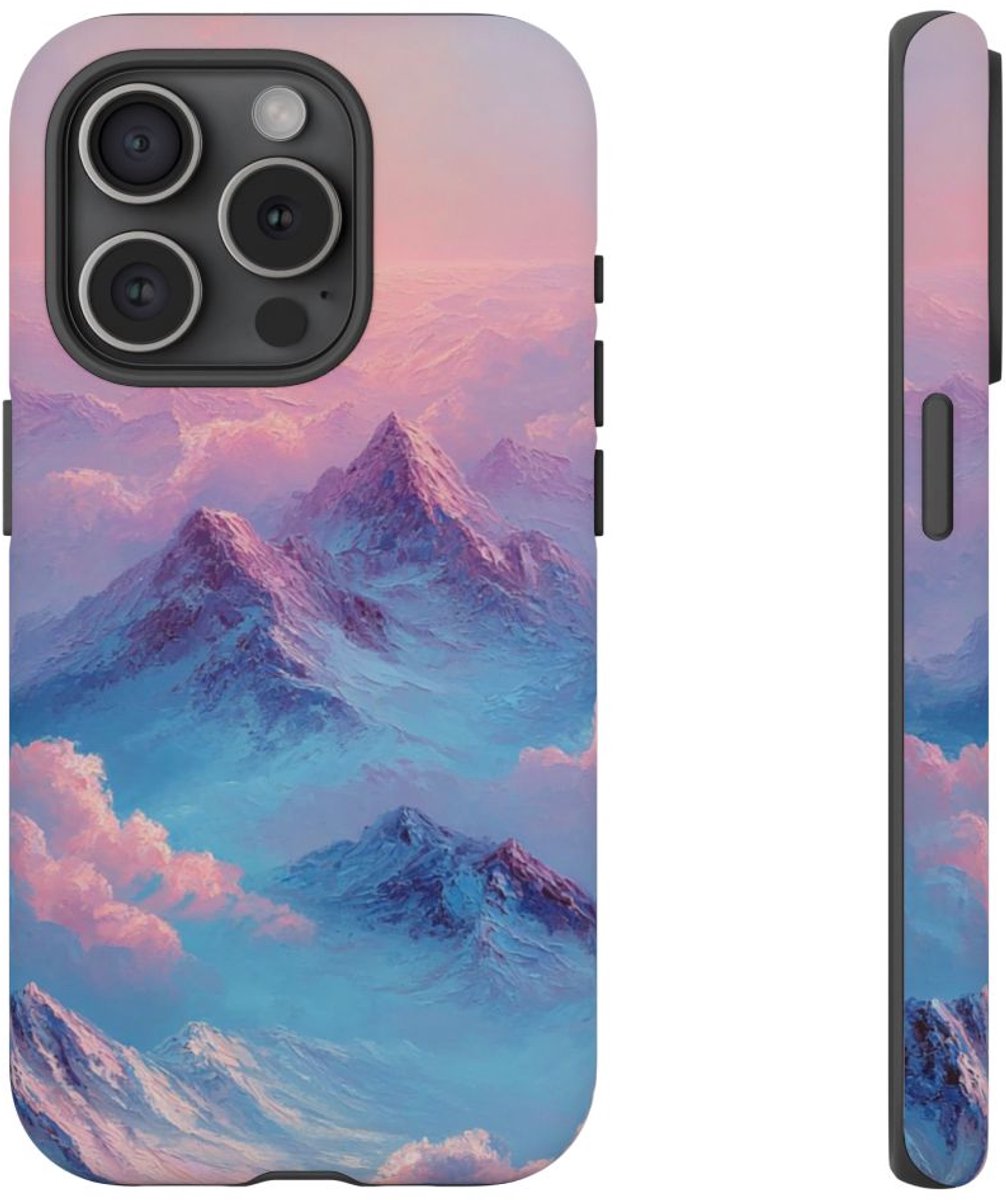 Dromerige Roze en Blauwe Bergen – Telefoonhoesje Geschikt voor iPhone 15 Pro