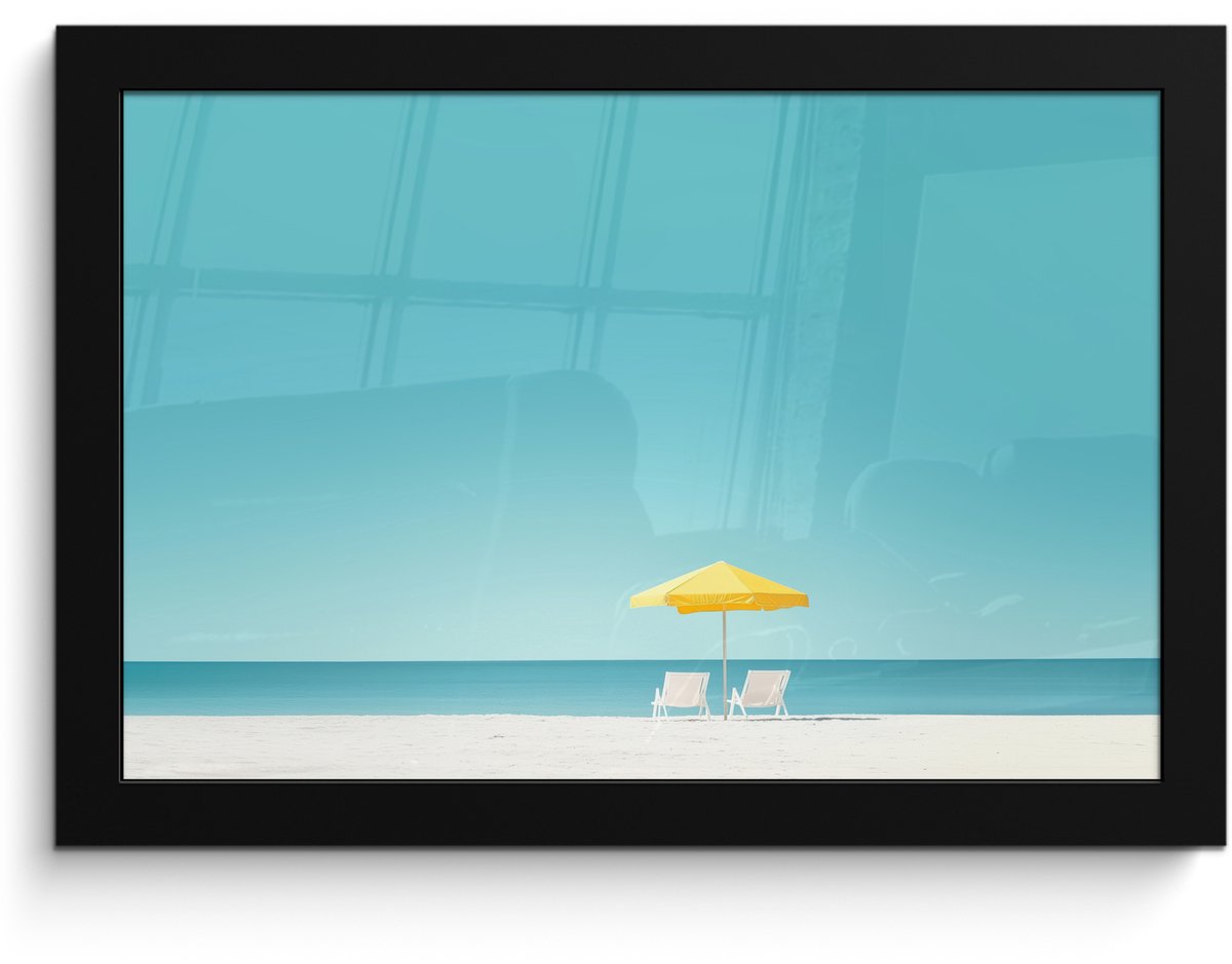 Poster in lijst - Fotolijst 30x20 cm - Posters - Strand - Blauwe lucht - Geel - Parasol -