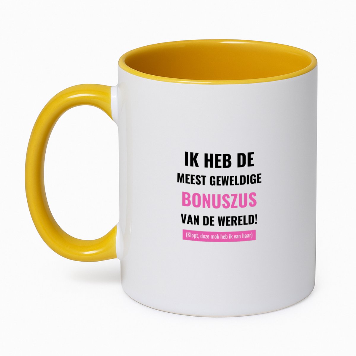 Hacebo® - ik heb de meest geweldige bonuszus van wereld (klopt, deze mok heb ik van haar) koffiebeker goudgeel - de meest geweldigste bonuszus - thee mok - koffie beker - verjaardagscadeau - verjaardag - koffiemok - 350 ML inhoud
