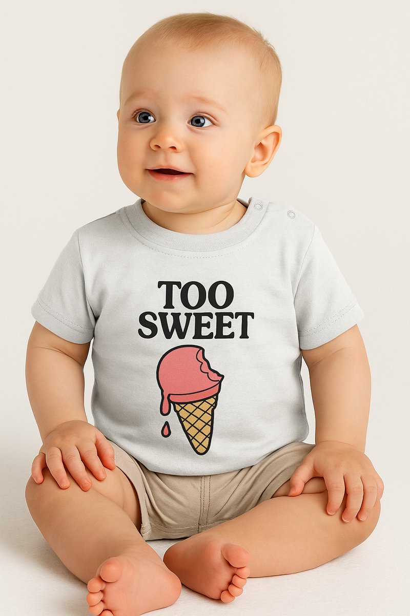 Baby T-Shirt “Too Sweet” – Wit – Schattig Unisex Shirt met Tekstopdruk – 12-18 Maanden – Zacht & Comfortabel Cadeau