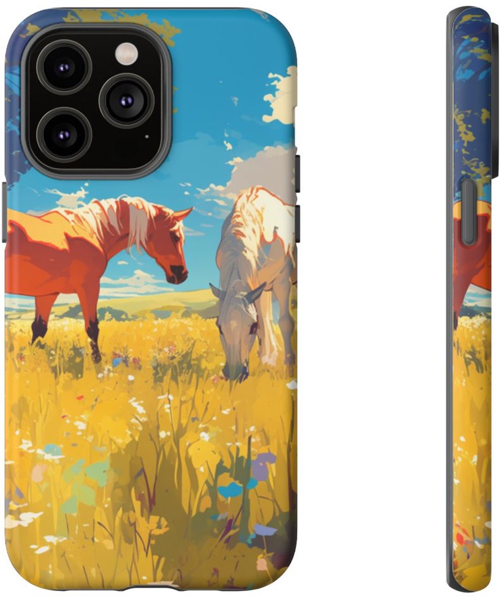 Paarden Grazend in Zonnig Veld – Telefoonhoesje Geschikt voor iPhone 14 Pro Max
