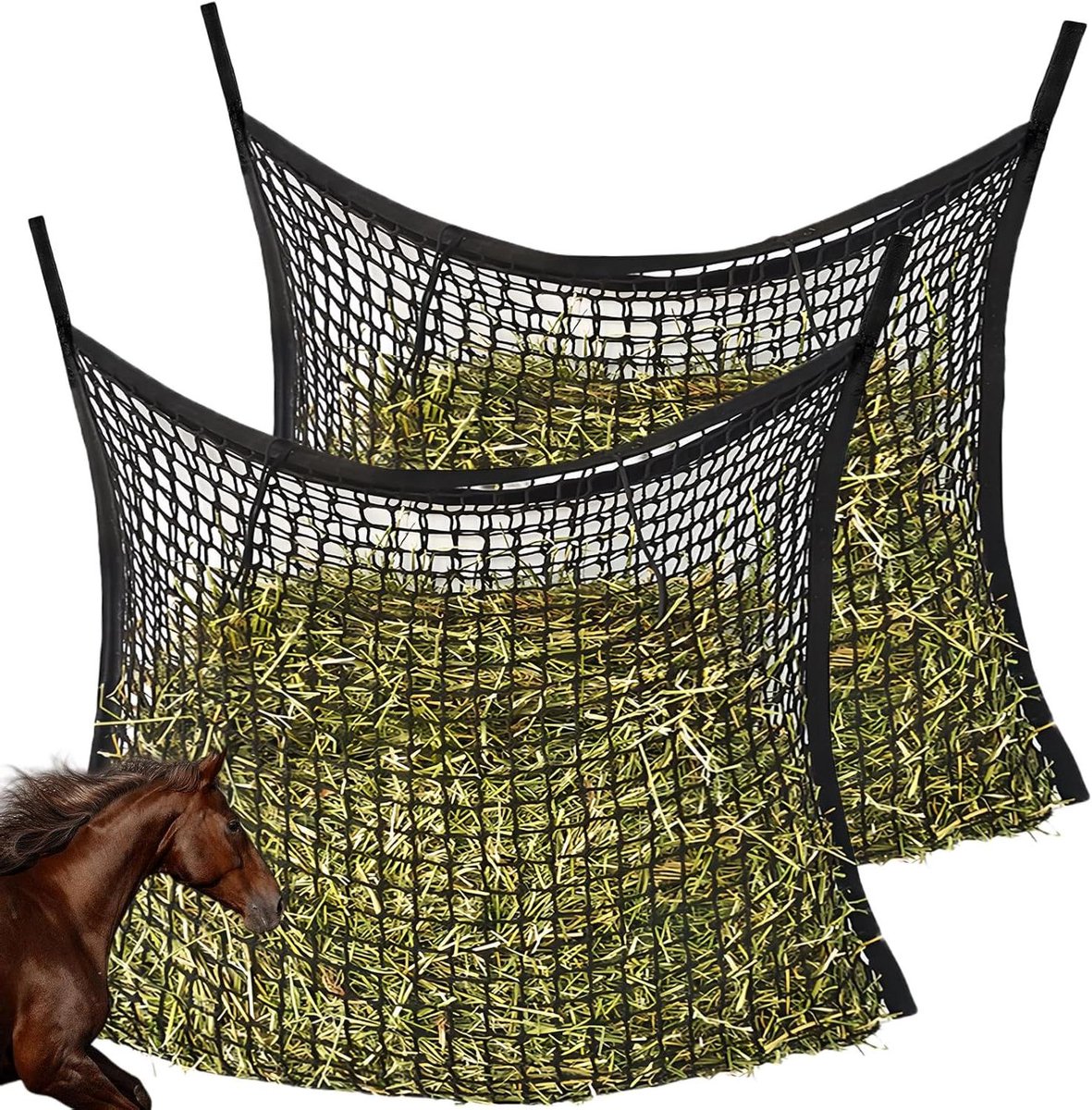 Allecto Plus - Hooizak voor paarden 80 x 90 cm - Voedernet met 4 karabijnhaken - Farming hooinet - 2 stuks - Voor 8 kg hooi