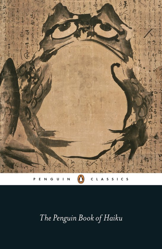 Une illustration de grenouille sur un parchemin avec calligraphie japonaise. Titre : The Penguin Book of Haiku.