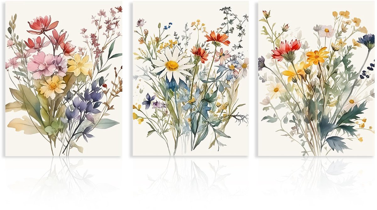 Ibenzoa Aquarel Wilde Bloemen Canvas Kunst Set van 3 voor Diverse Interieurs kleurrijk