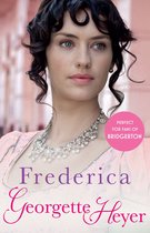 Boekomslag van Frederica van Georgette Heyer met een jonge vrouw met krullend donker haar en een parelmoeren ketting.