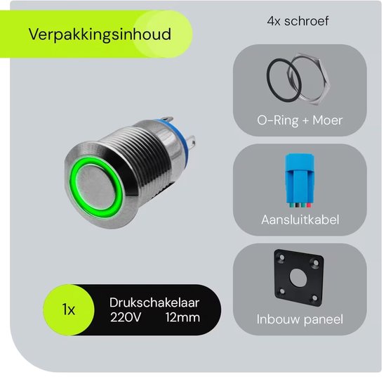 Interrupteur à impulsion métallique ProRide, panneau encastré 220 V, arrêt/marche (12 mm), avec câble de connexion, résistant aux éclaboussures, voyant LED vert