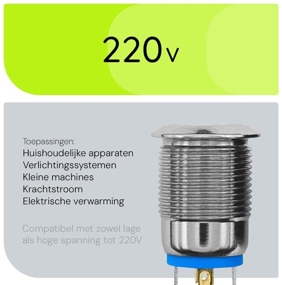 Interrupteur à impulsion métallique ProRide, panneau encastré 220 V, arrêt/marche (12 mm), avec câble de connexion, résistant aux éclaboussures, voyant LED vert