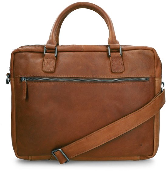 Sacoche d'ordinateur portable en cuir marron Manfield avec poignées, bandoulière et poche avant.