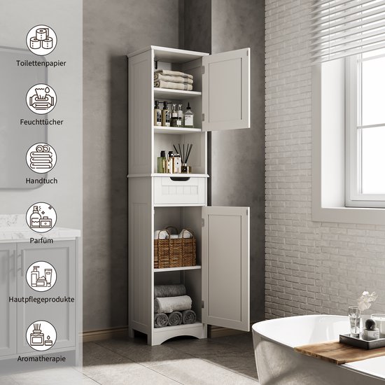 Xbro Badkamerkast met 2 Deuren en 1 Lade – Hoge Opbergkast met Verstelbare Planken – Smalle Kast voor Badkamer, Keuken of Slaapkamer – 170 x 40 x 30 cm – Wit