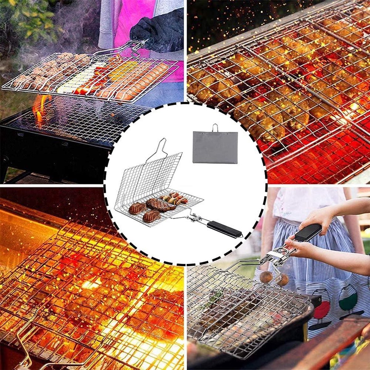 Panier Grille Barbecue Acier Inoxydable - 23x33cm - Pliable Avec Poignée Amovible