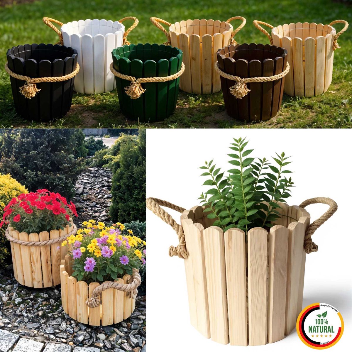 Floranica ronde bloempot 30 x 33 cm van grenenhout, plantenpot, bloembak, kruidenpot voor huis en tuin, voor binnen- en buitengebruik, onbehandeld