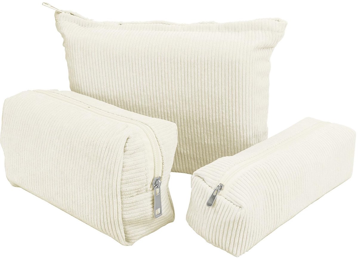 Ibenzoa® Stijlvolle Set van 3 Corduroy Make-uptassen voor Dames met Metalen Ritssluiting, Beige