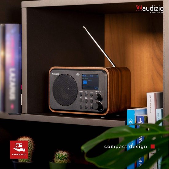 DAB radio met houtlook op een boekenplank tussen boeken en planten.