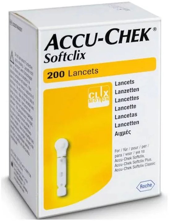 Doosje met 200 Accu-Chek Softclix lancetten. Wit met gele accenten.