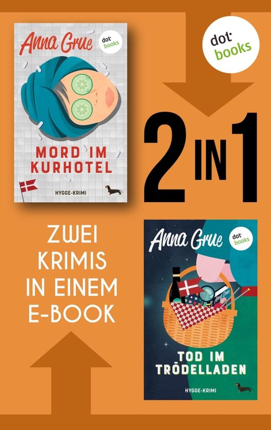 Couverture de livre avec deux livres : 'Mord im Kurhotel' avec un visage aux tranches de concombre et 'Tod im Trödelladen' avec un panier de pique-nique.