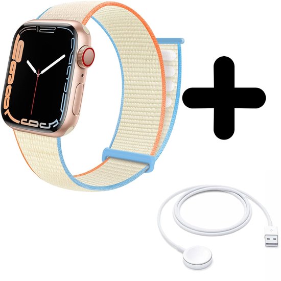 Bracelet adapté pour Convient pour bracelet Apple Watch bracelet à boucle en nylon (blanc lait) - Pour les modèles : 38/40/41 mm Incl. Chargeur adapté pour Apple Watch 1/2/3/4/5/6/7/8/9/ Ultra - Câble de charge - Câble