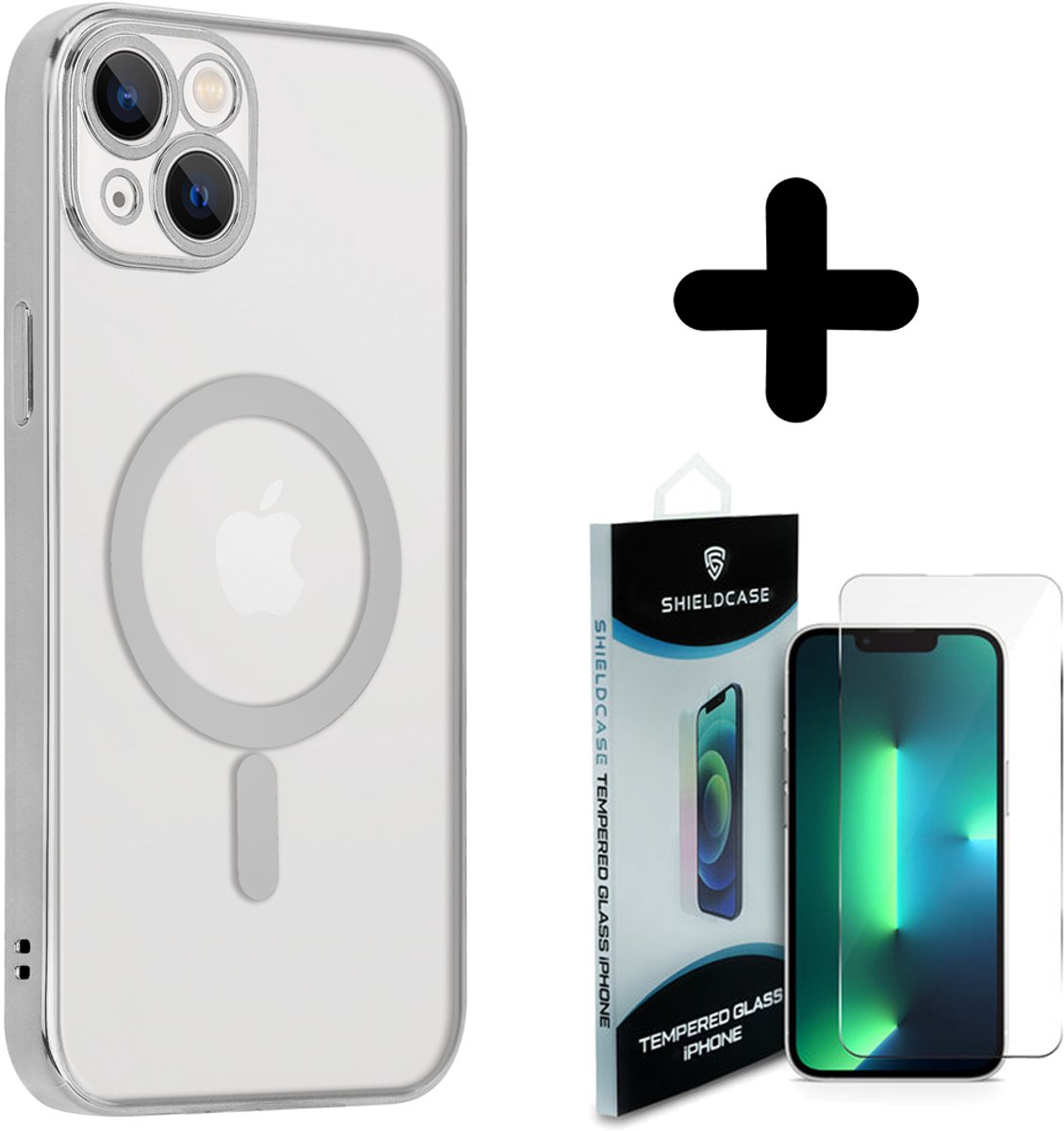 ShieldCase geschikt voor iPhone 14 Plus hoesje transparant Magneet metal coating (zilver) + ShieldCase screenprotector - beschermglas iPhone bescherming - iPhone case bescherm hoesje + Screenprotector