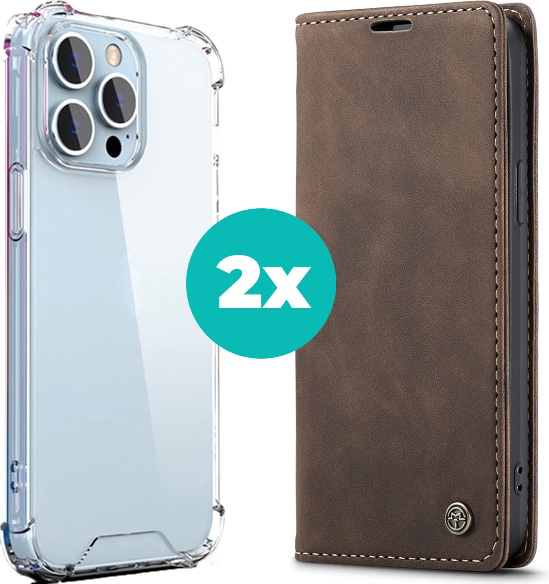 Hoesje geschikt voor iPhone 14 Pro Max hoesje bundel - Bookcase en transparant case - 2 hoogwaardige hoesjes voor iphone Pro Max 14 - Bundel van Bruin en Transparant hoesje