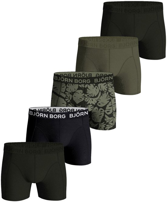 Vijf boxershorts van Björn Borg in groentinten en zwart, waarvan één met bladerprint.