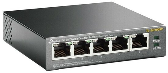 Zwarte TP-Link TL-SG1005P 5-poorts Gigabit desktop switch met 4 PoE-poorten.