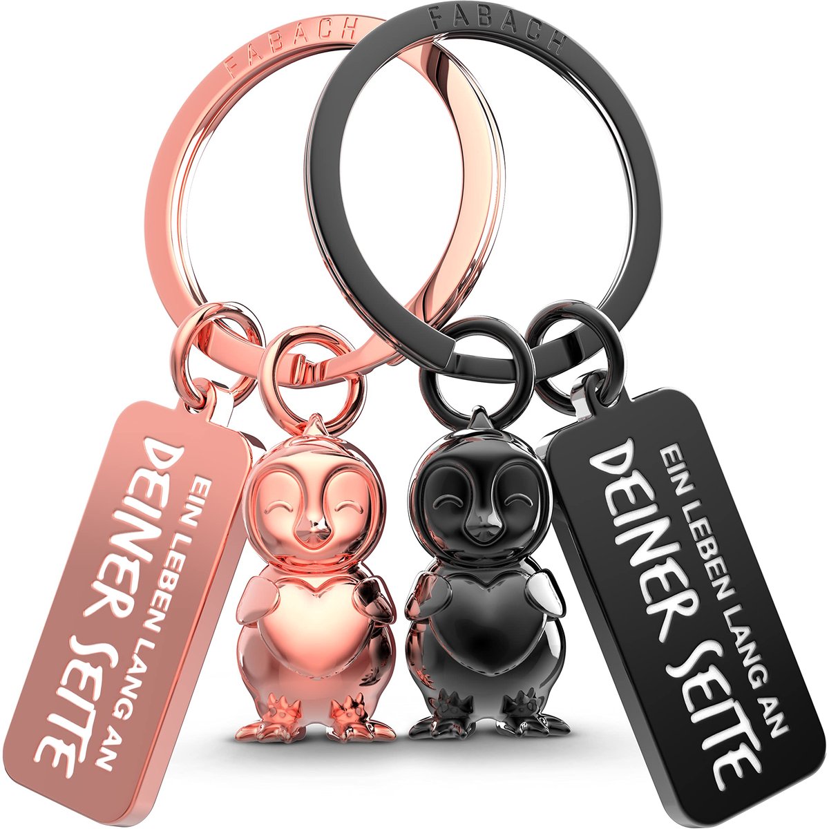 FABACH Sleutelhanger voor koppels - 2 pinguïns Frosty met hart - Geluksbrenger vriendin - Partnerliefde sleutelhanger jubileumcadeaus Valentijnsdag, zwart & roségoud