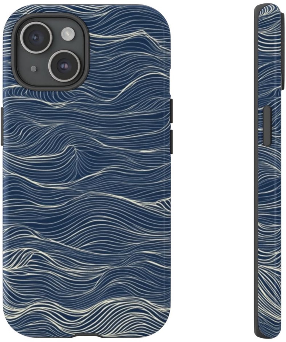 Donkerblauw Golvenlijnpatroon – Telefoonhoesje Geschikt voor iPhone 15