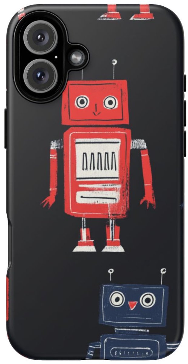 Retro Robotpatroon in Rood en Blauw – Telefoonhoesje Geschikt voor iPhone 16 Plus