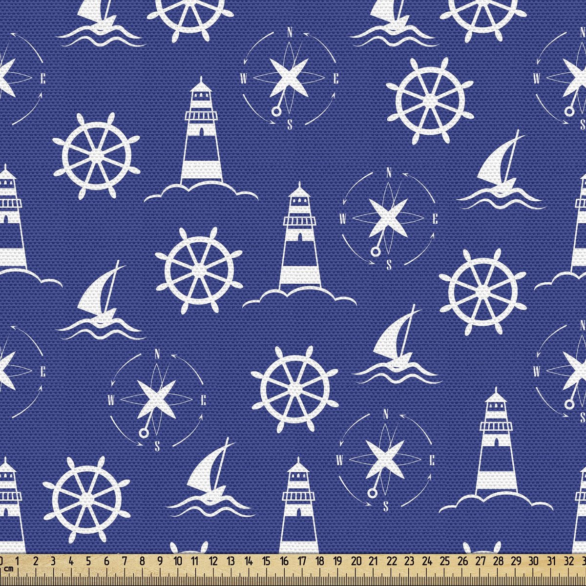 ABAKUHAUS Vuurtorenstof per meter, nautische silhouetten, hoogwaardige stoffen bekleding voor woonaccessoires, 10 m (148 x 1000 cm), violetblauw/wit
