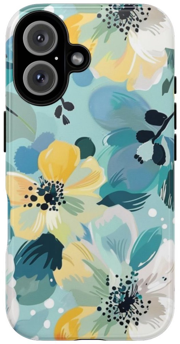Turquoise Bloemenpatroon met Stippen – Telefoonhoesje Geschikt voor iPhone 16