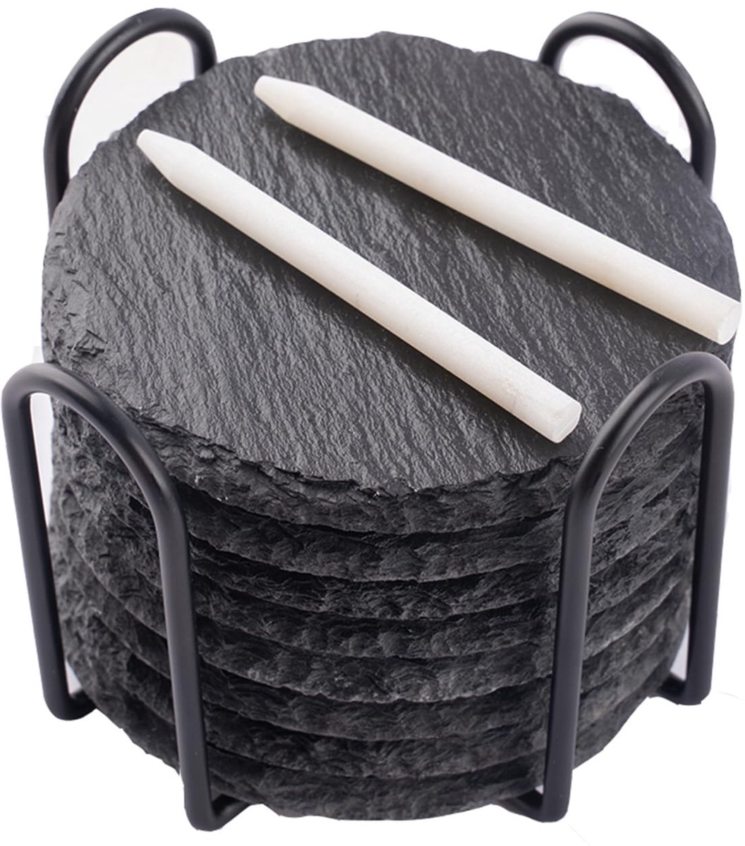 Leistenen Glasonderzetters - Set van 8 - Rond - Met Houder - Inclusief Krijtstift - Voor drankjes, glazen en kopjes - Ø 10 cm