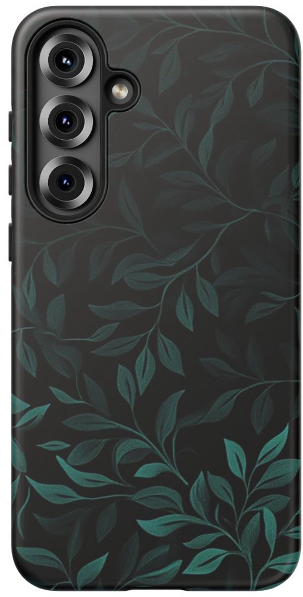 Zwart en Donkergroen Bladerpatroon – Telefoonhoesje Geschikt voor Galaxy S25 Plus