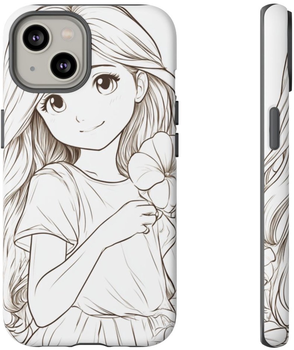 Meisje met Winde Bloemen Lijntekening – Telefoonhoesje Geschikt voor iPhone 14