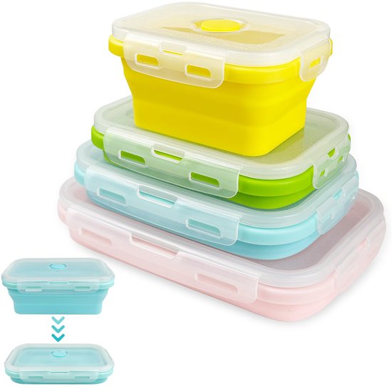 Opvouwbare lunchbox, 4-pack verse voedselcontainers, voedselbewaardozen met deksels, herbruikbare opvouwbare containers voor thuis, camper, kamperen, wandelen, picknick, reizen, school (blauw/groen/roze/geel)